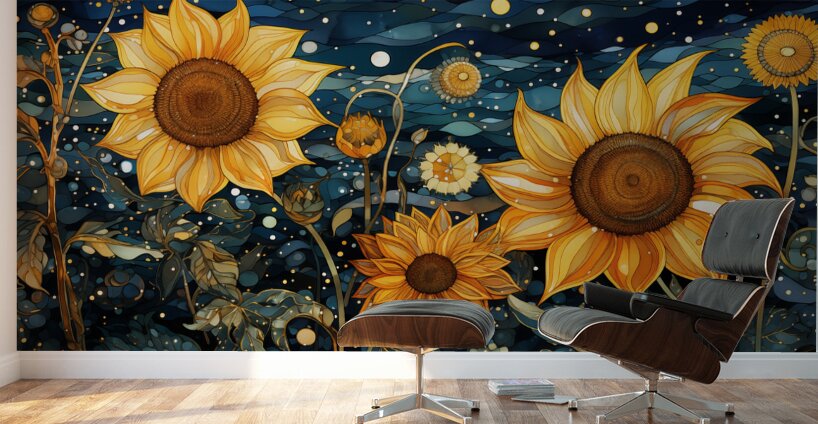 Starry Night Sunflowers – Van Gogh-Inspired Floral Art Print Wall Murals