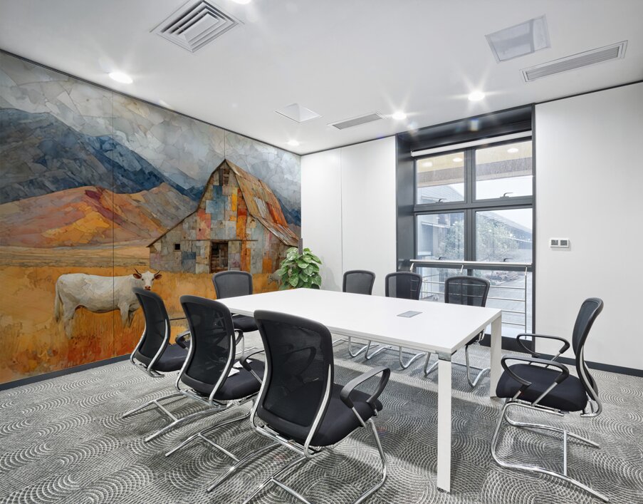 Mosaic Barn & Two White Cows – Farmhouse Landscape Art Print Wall Printing