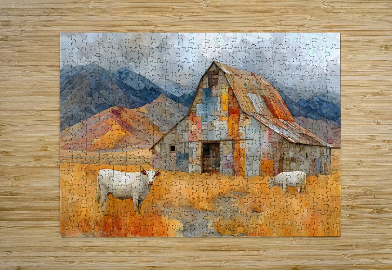Mosaic Barn & Two White Cows – Farmhouse Landscape Art Print Savage Art Prints Puzzle printing