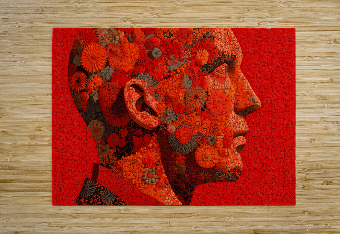 Mind in Bloom - Red Floral Mosaic Portrait Art Print Savage Art Prints Puzzle printing