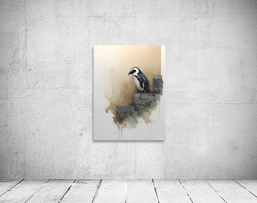 Steps of Solitude – Penguin on Stone Wall Print Wall Preview