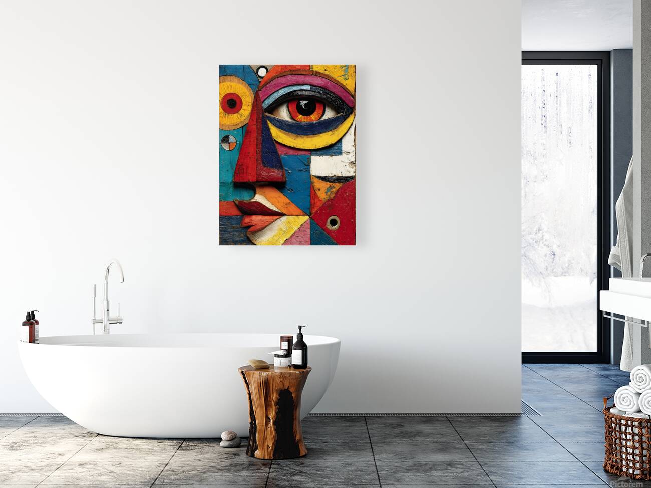 Patchwork Gaze – Modern Cubist Portrait Print Reproduction