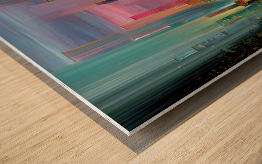 Vertical Metropolis – Neon Skyline Reflection Print Wood print